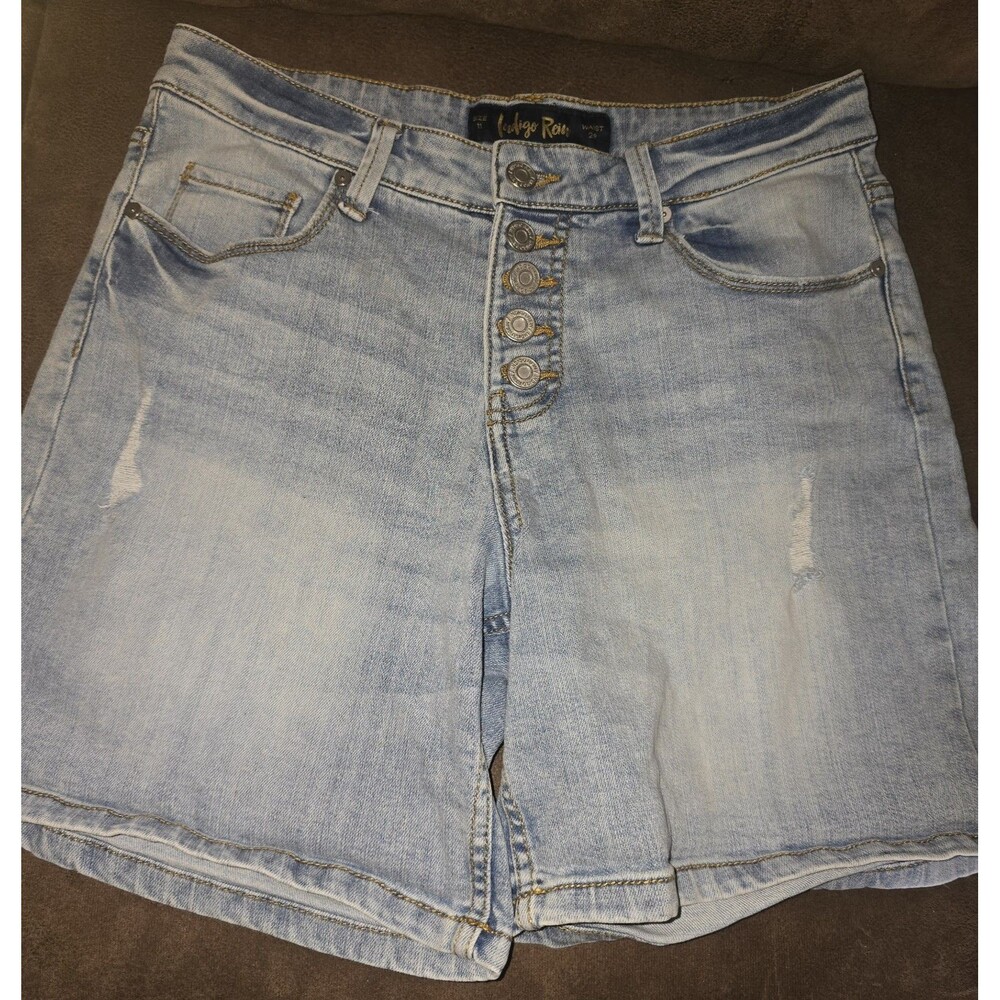 Indigo Rein  High Rise Button Fly Denim Shorts Blue Sz 11 Distressed